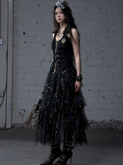 Slimming faux two-piece vest halter top【s0000012798】