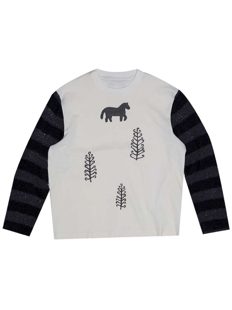 Striped Patchwork Pony Print T-Shirt【s0000014899】