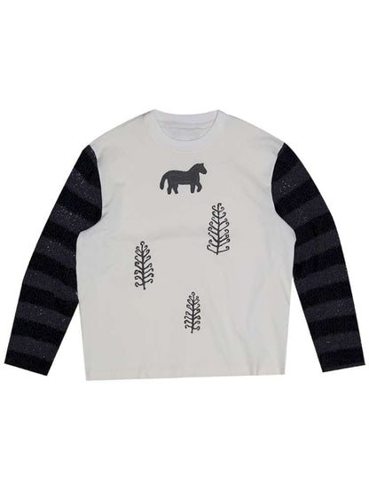 Striped Patchwork Pony Print T-Shirt【s0000014899】