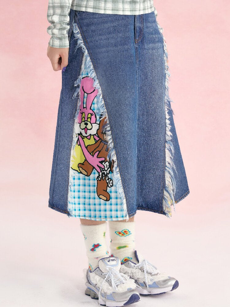 Denim Patchwork Tassel Frayed Plaid Skirt【s0000019253】