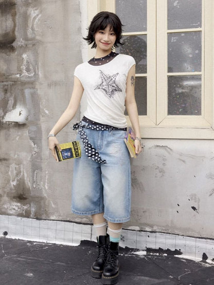 Starfish hot drill denim wide-leg shorts【s0000012288】
