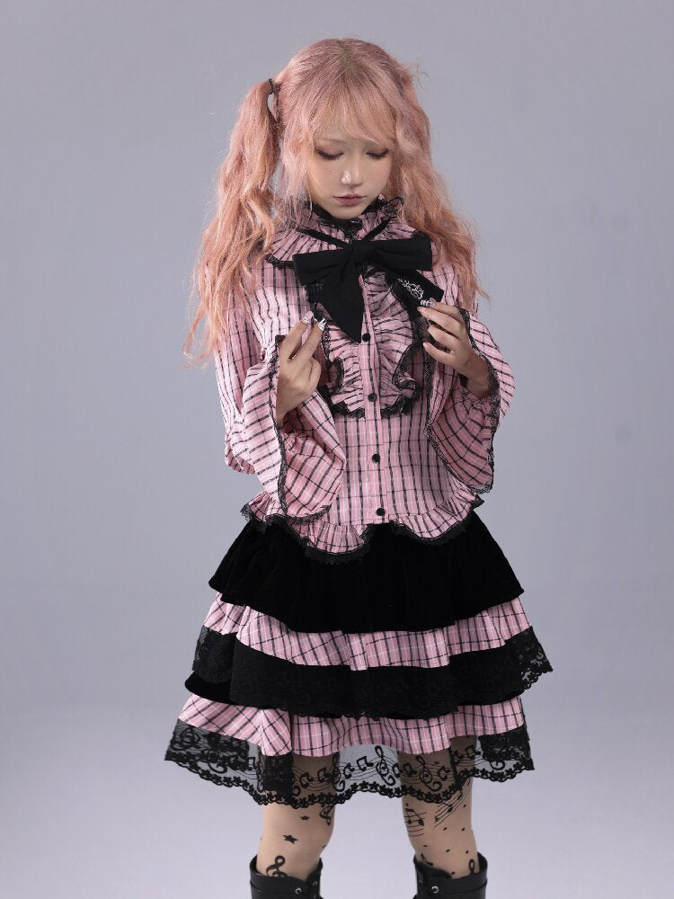 Pink Black Check Bow Flared Shirt【s0000016221】