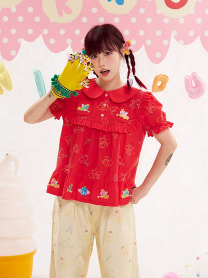 Animal angel heavy embroidery red doll shirt【s0000013184】