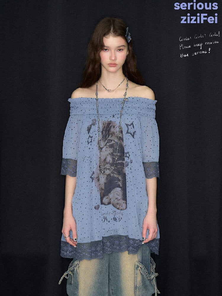 Lace Patchwork Dot Cat Print T-Shirt【s0000017306】