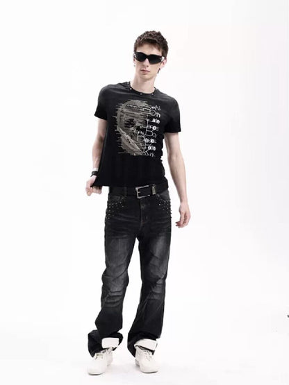 Washed Heavy-Duty Rhinestone T-Shirt【s0000018280】
