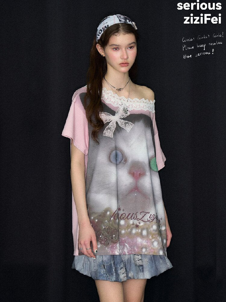 Lace Patchwork Cat Print Loose T【s0000017316】