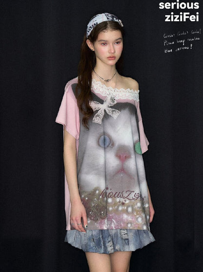 Lace Patchwork Cat Print Loose T【s0000017316】