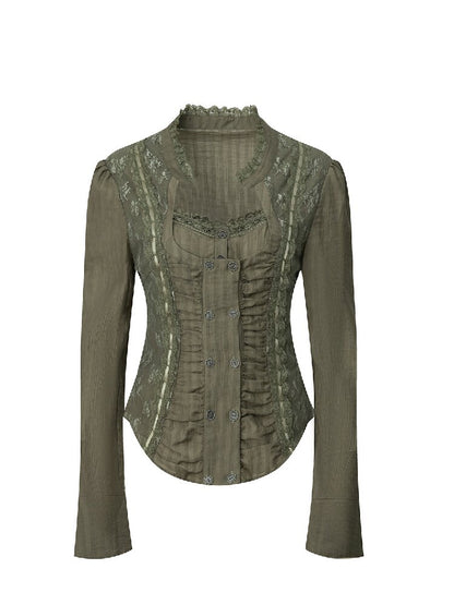 Vintage Lace Stitched Square Neck Shirt【s0000015910】