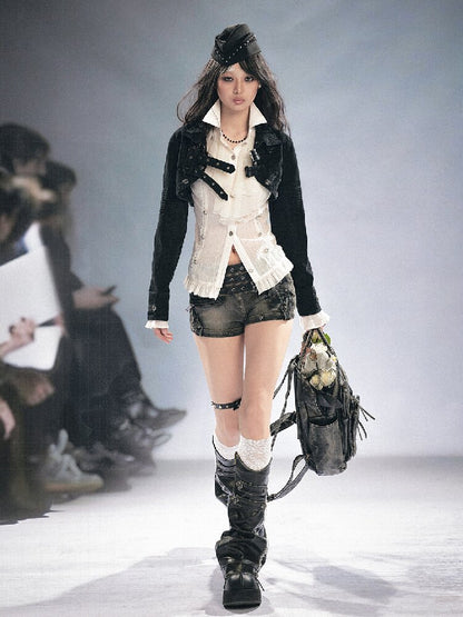 Distressed Metal Buckle Denim Shorts【s0000016285】