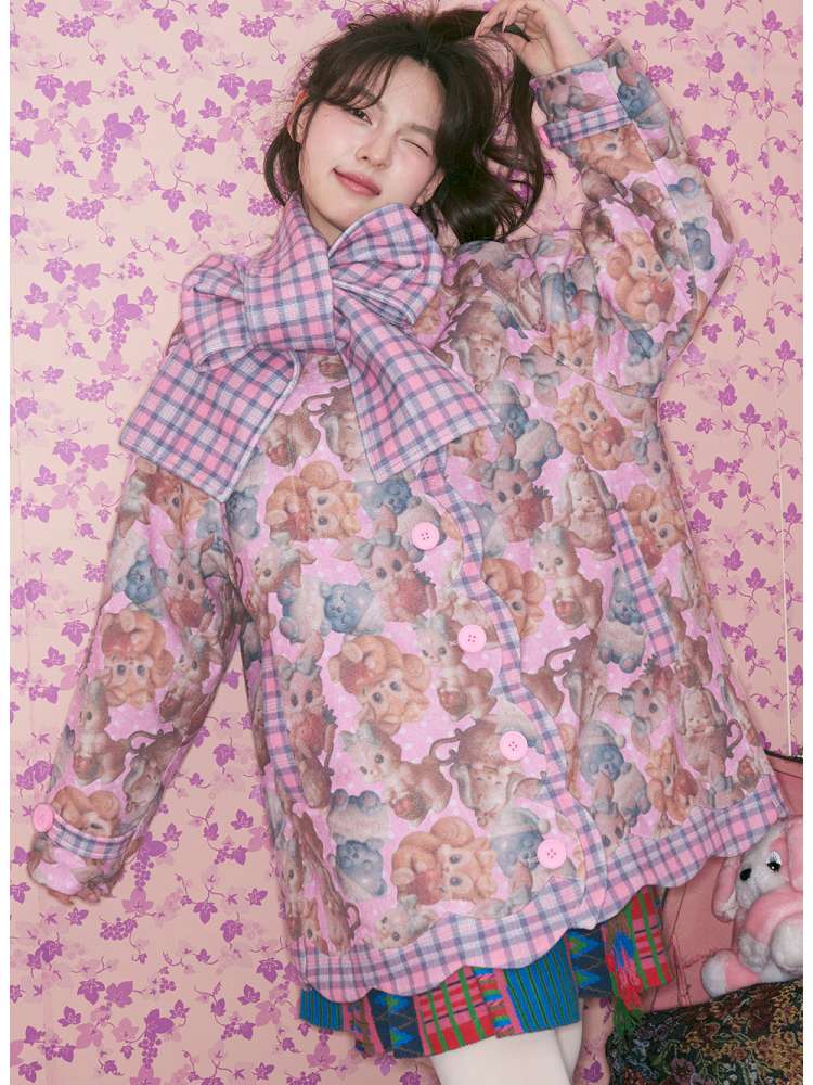 Pink Plaid Animal Padded Jacket【s0000015026】