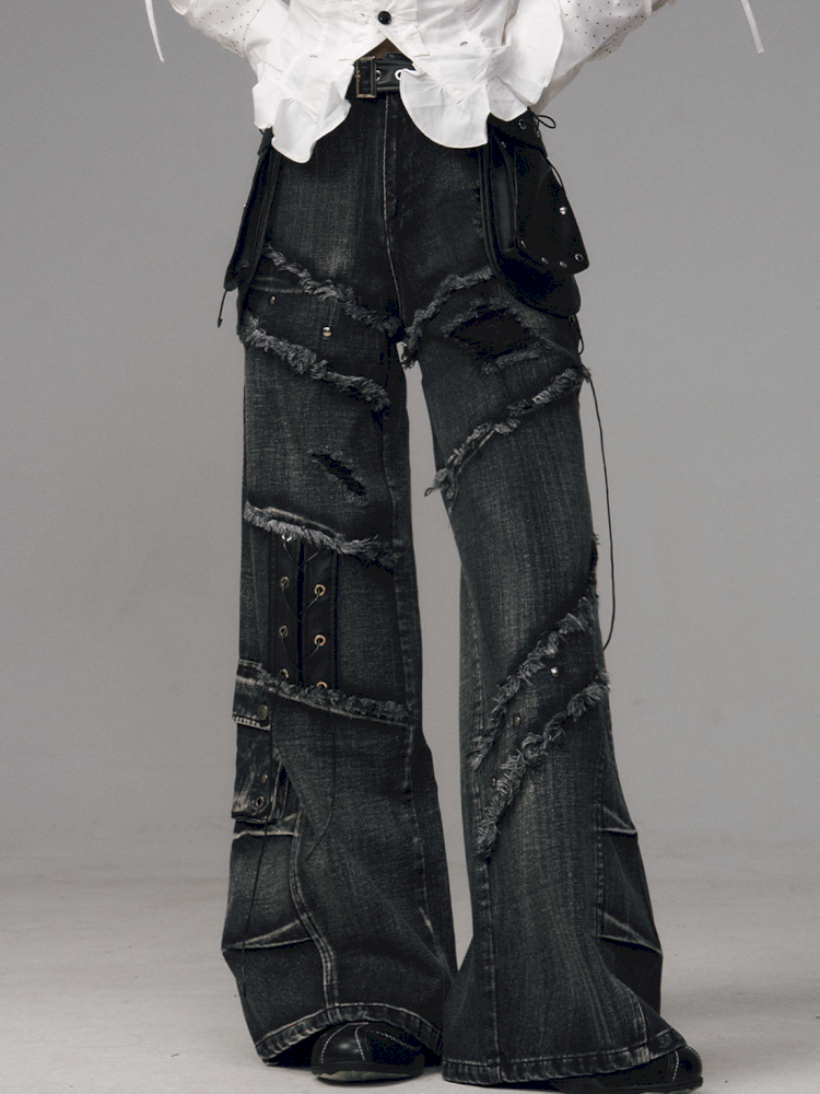 Raw-Edge Washed Distressed Riveted Pants【s0000014453】