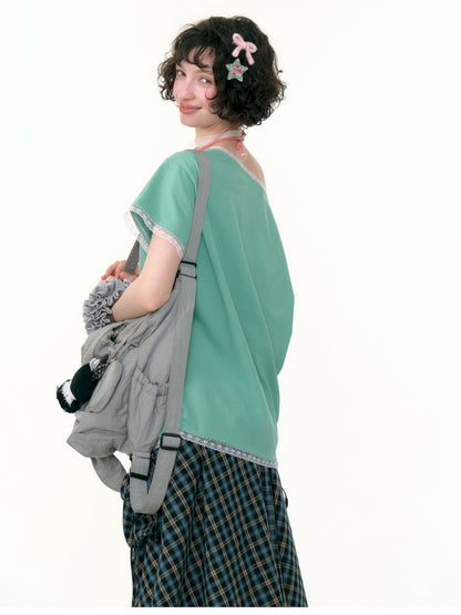 Lace edge large round neck loose short sleeve t-shirt【s0000013373】