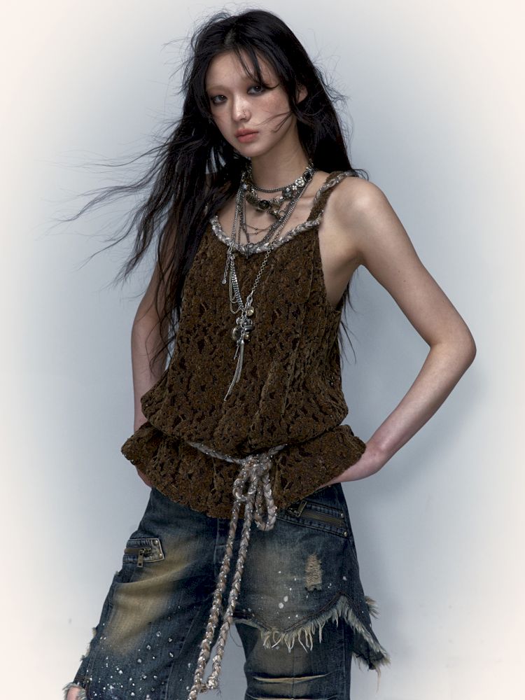 Slouchy Old Hollowed Out Loose Flocked Lace Vest [s0000008134]