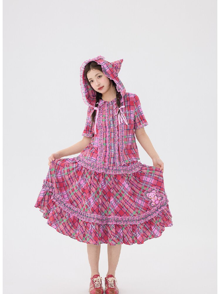 Plaid Bear Lace Shirt Skirt Set【s0000016702】