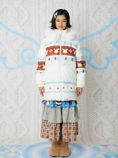 Fair Isle White Hooded Print Down Jacket【s0000014858】