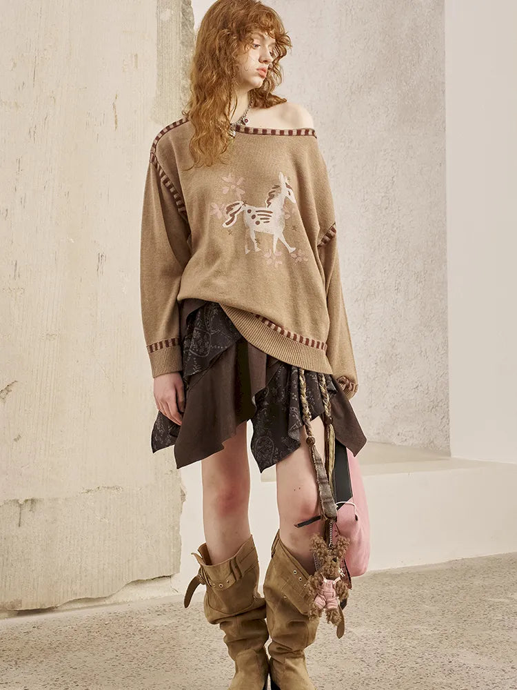 Off-the-shoulder poncho print knit sweater【s0000014063】