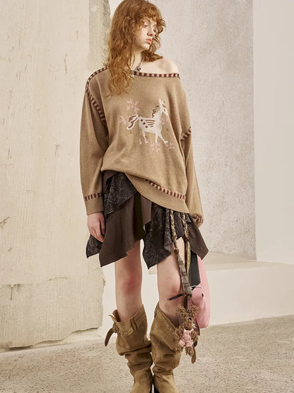 Off-the-shoulder poncho print knit sweater【s0000014063】
