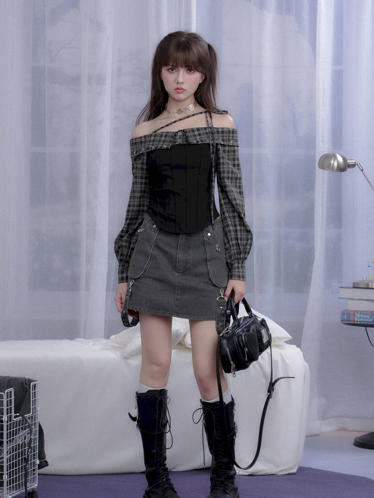 Check Pattern Strap One-Shoulder Shirt【s0000014370】