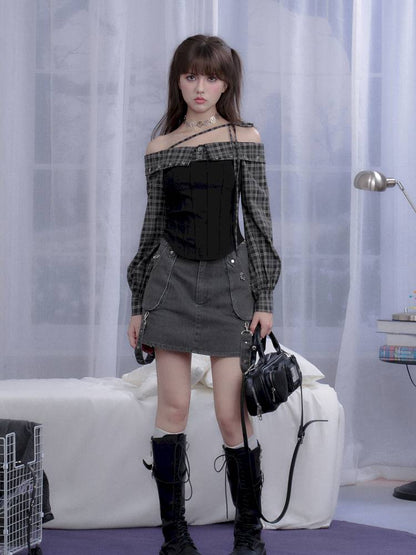 Check Pattern Strap One-Shoulder Shirt【s0000014370】
