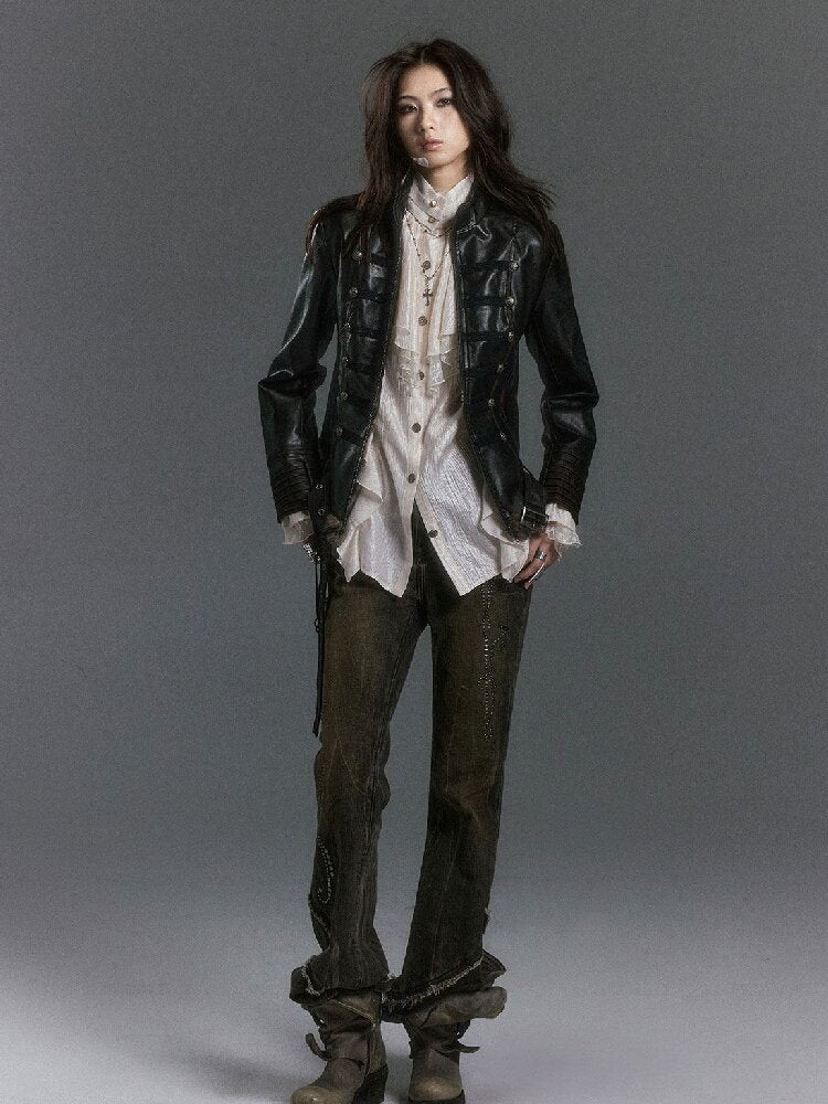 Riveted Distressed Dirty Dye Denim Pants【s0000019246】