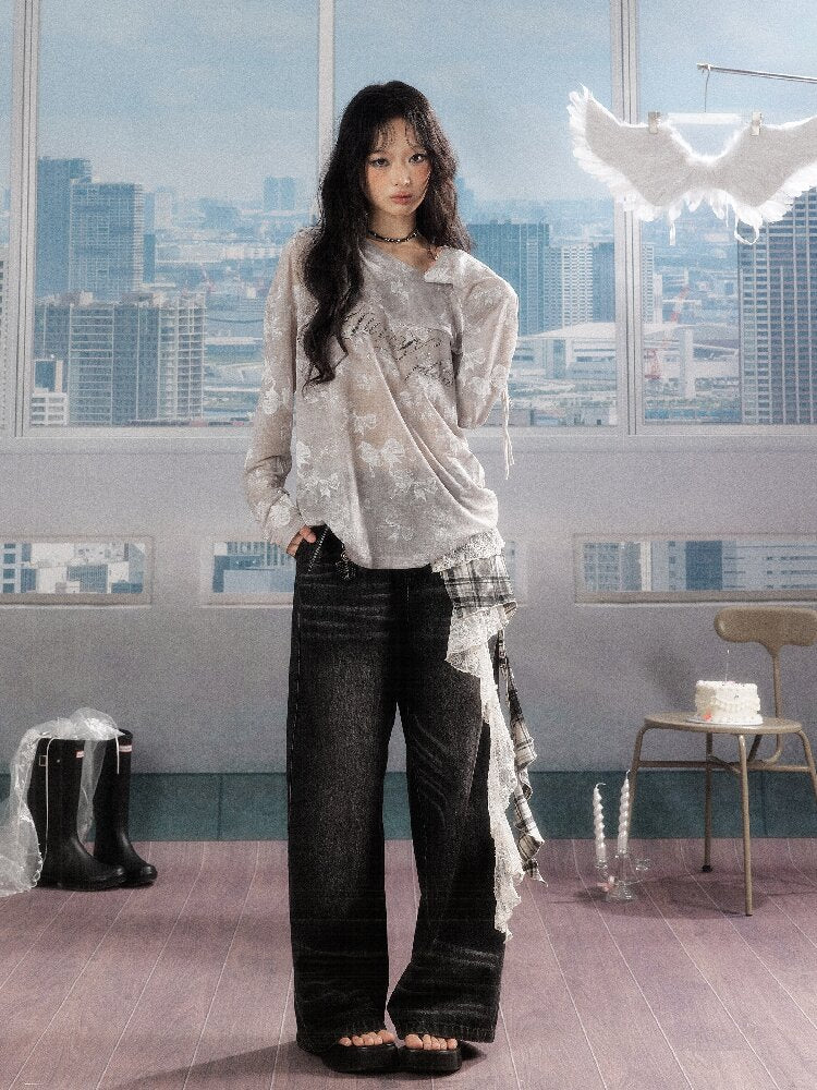 Plaid Ruffled Wide Leg Jeans【s0000016268】