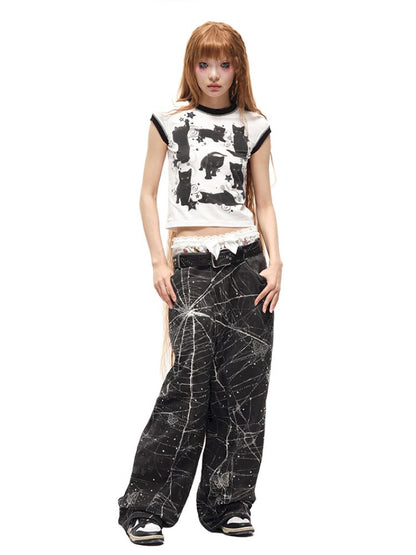 Black Cat Print Short Sleeve T-Shirt【s0000012587】