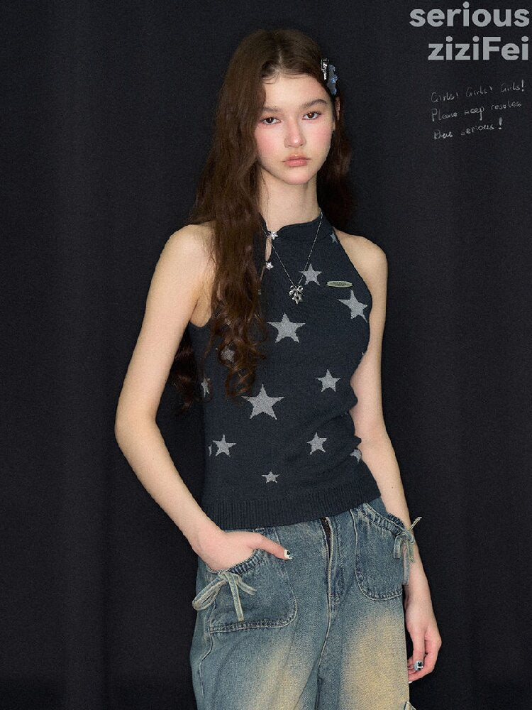Summer Lazy Star Print Halter Knit Tank Top【s0000017254】