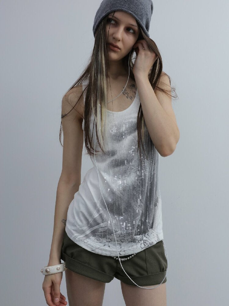 Silver Sequin Print U Neck Vest【s0000016566】