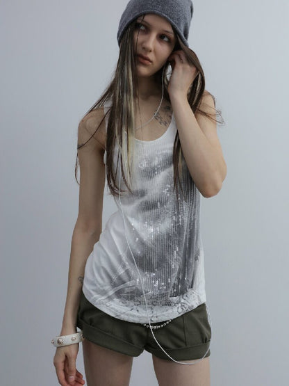 Silver Sequin Print U Neck Vest【s0000016566】