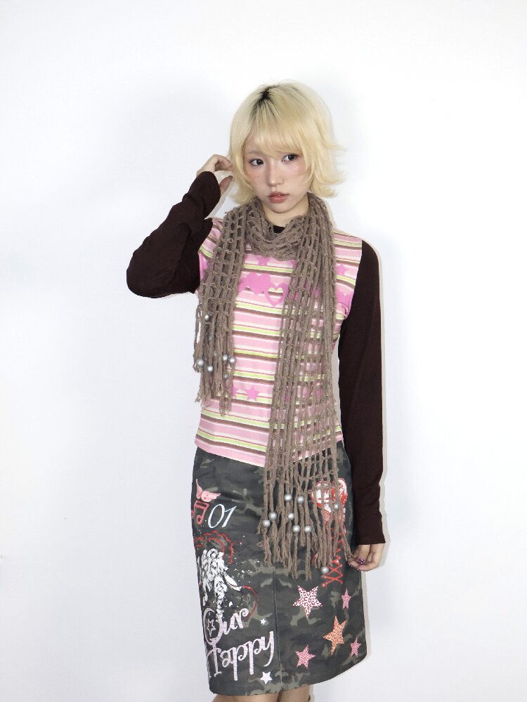 Old Asian Print Striped Elastic Top【s0000018672】