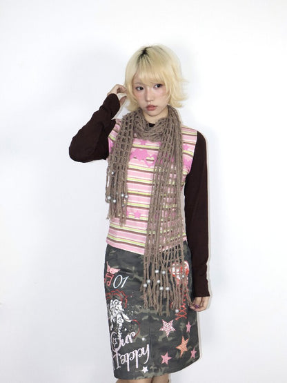 Old Asian Print Striped Elastic Top【s0000018672】