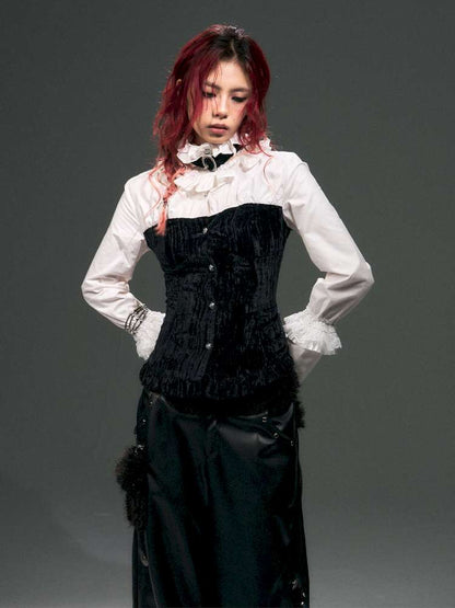 Lace Strappy Flared Velvet Shirt【s0000015014】