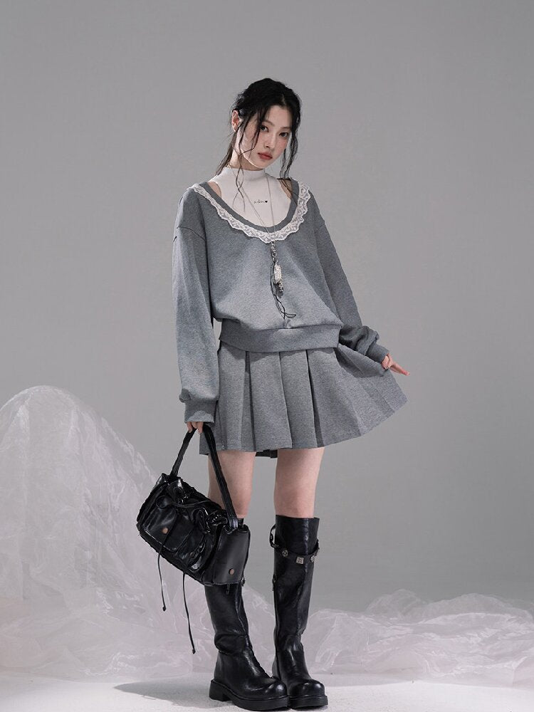 U-neck Sweatshirt Pleated Skirt Set【s0000015742】