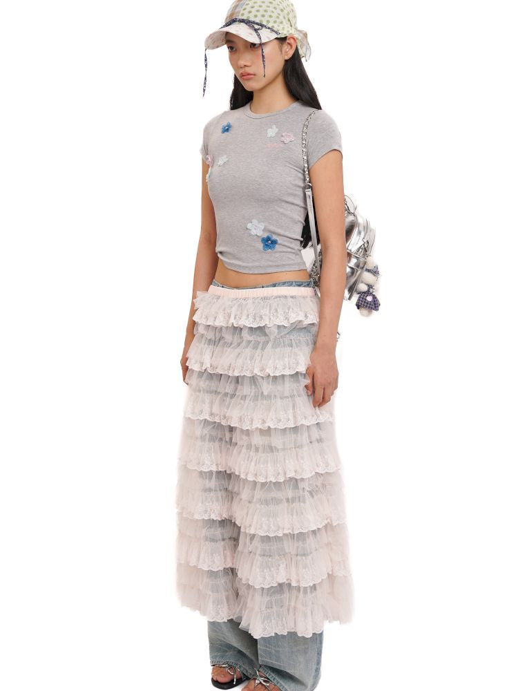 Irregular flowers Slim short-sleeved T-shirt【s0000013444】