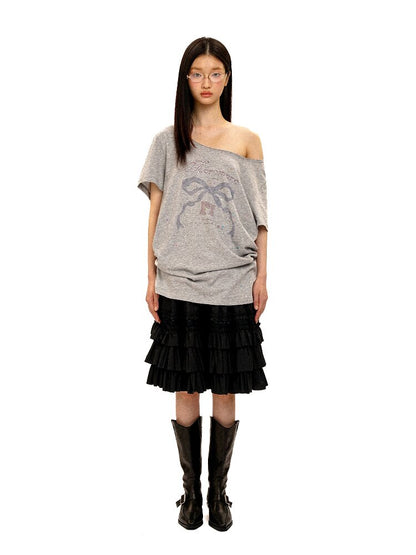 Bow Print Diamond Distressed Tee【s0000016425】