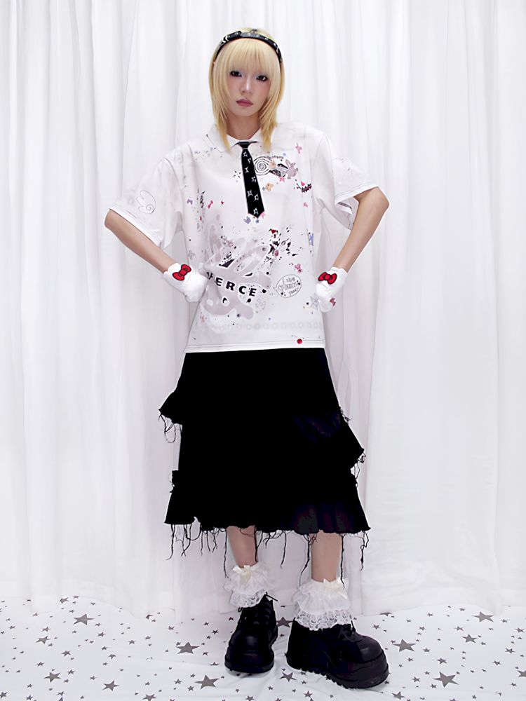 Sticker Print Embroidered Tie Polo Shirt【s0000013881】