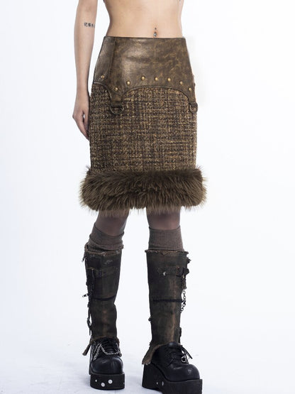 Patchwork PU Fur Rivet Skirt Set【s0000018047】