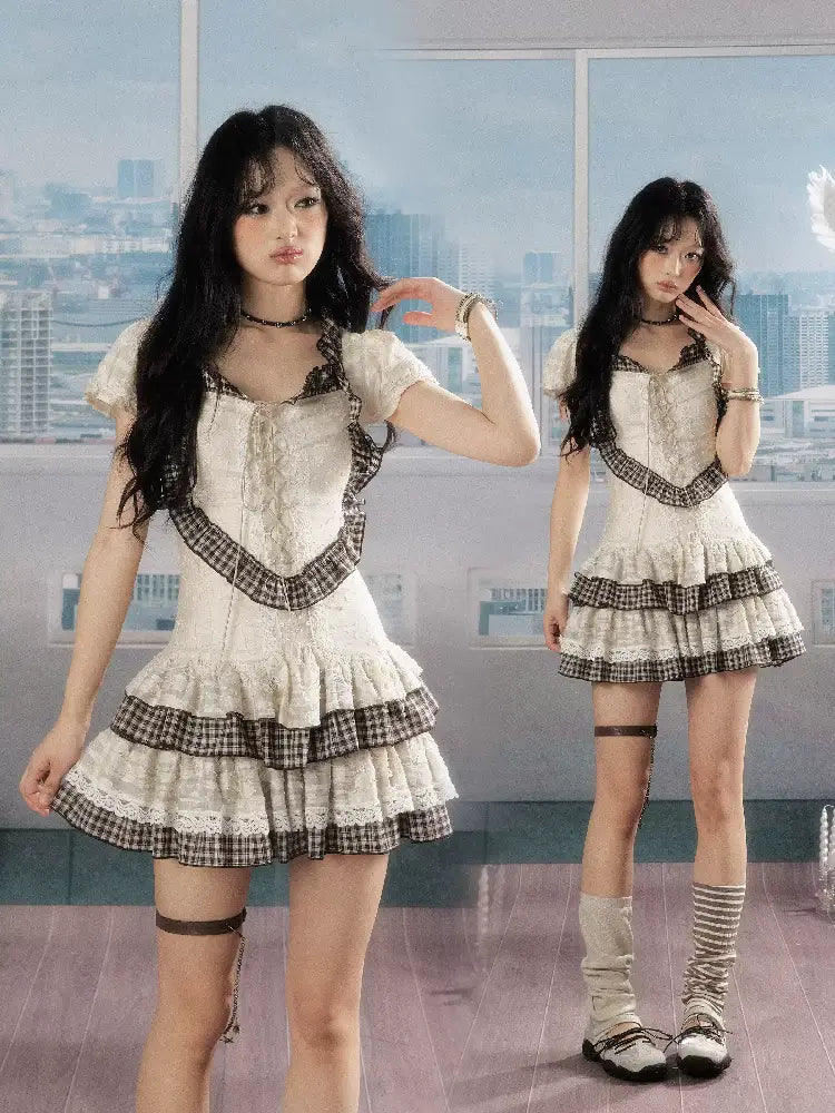 Plaid Lace Drawstring Short Skirt【s0000016524】