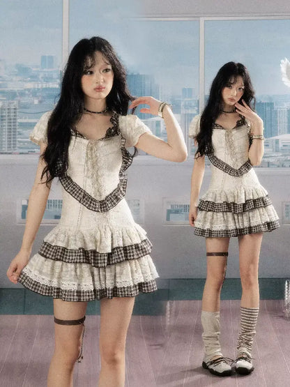 Plaid Lace Drawstring Short Skirt【s0000016524】