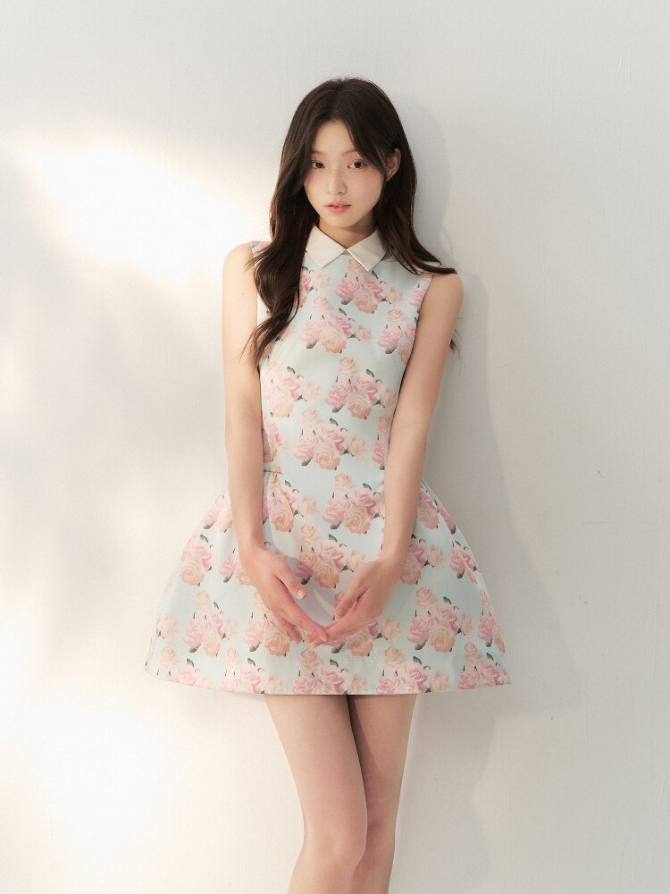 Satin Rose Print Puff Sundress【s0000016877】