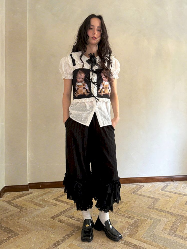 Cute doll print lace bow vest【s0000012760】