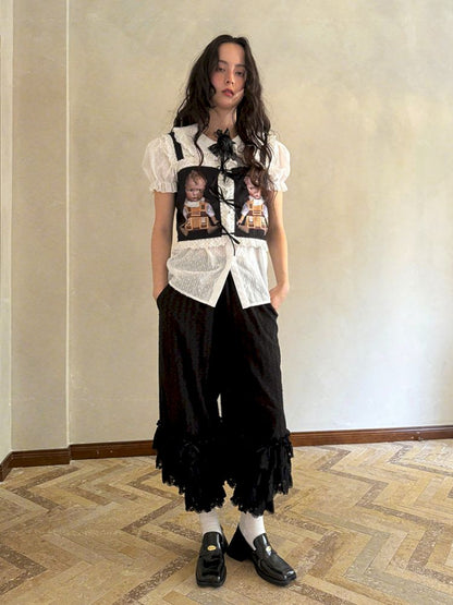 Cute doll print lace bow vest【s0000012760】