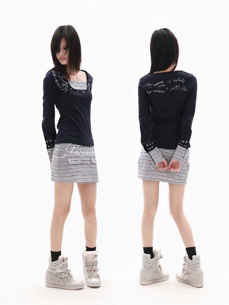 Angel Slogan Striped Long-Sleeve T【s0000018329】