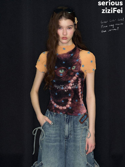 Star Cat Print Pleated T Shirt【s0000017314】