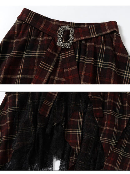 Damaged Plaid Lace Irregular Skirt【s0000016263】