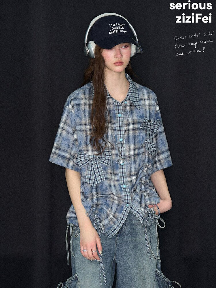 Blue Plaid Bow Preppy Style Shirt【s0000017308】