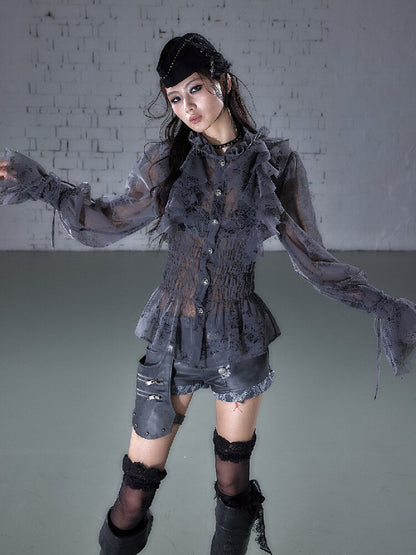 Ruffled Flocked Lace Stand Shirt【s0000016208】