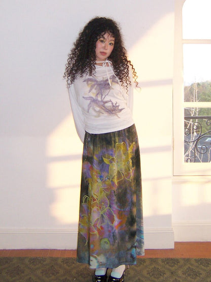 Mist Orchid Print Lace Up Top【s0000015457】