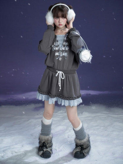 Gray Blue Print Lace Hoodie Dress【s0000015471】