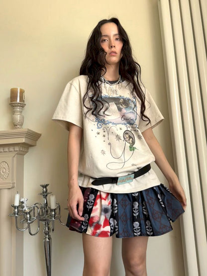 Metallic floral print vintage-inspired skirt【s0000013514】